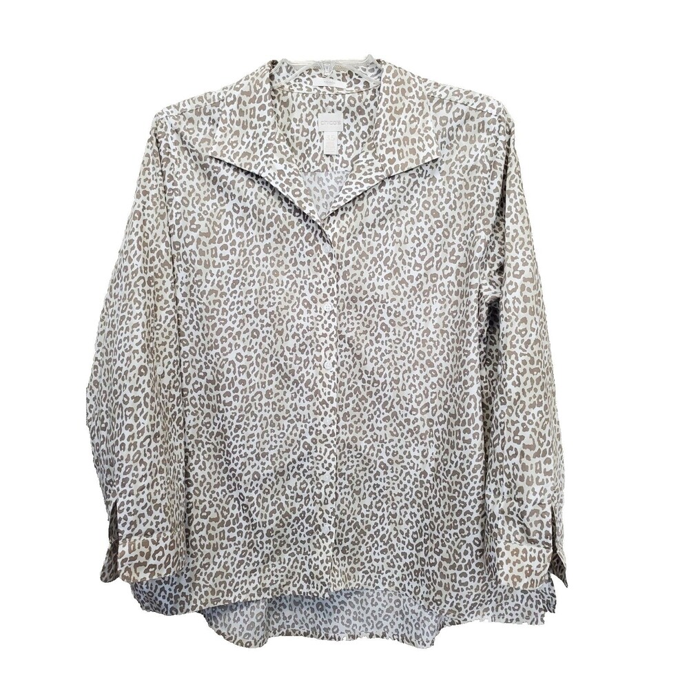 Chico's No Iron Animal Print Cotton Roll-Tab Sleeve Button-Up Tunic Size 3.5(XL)